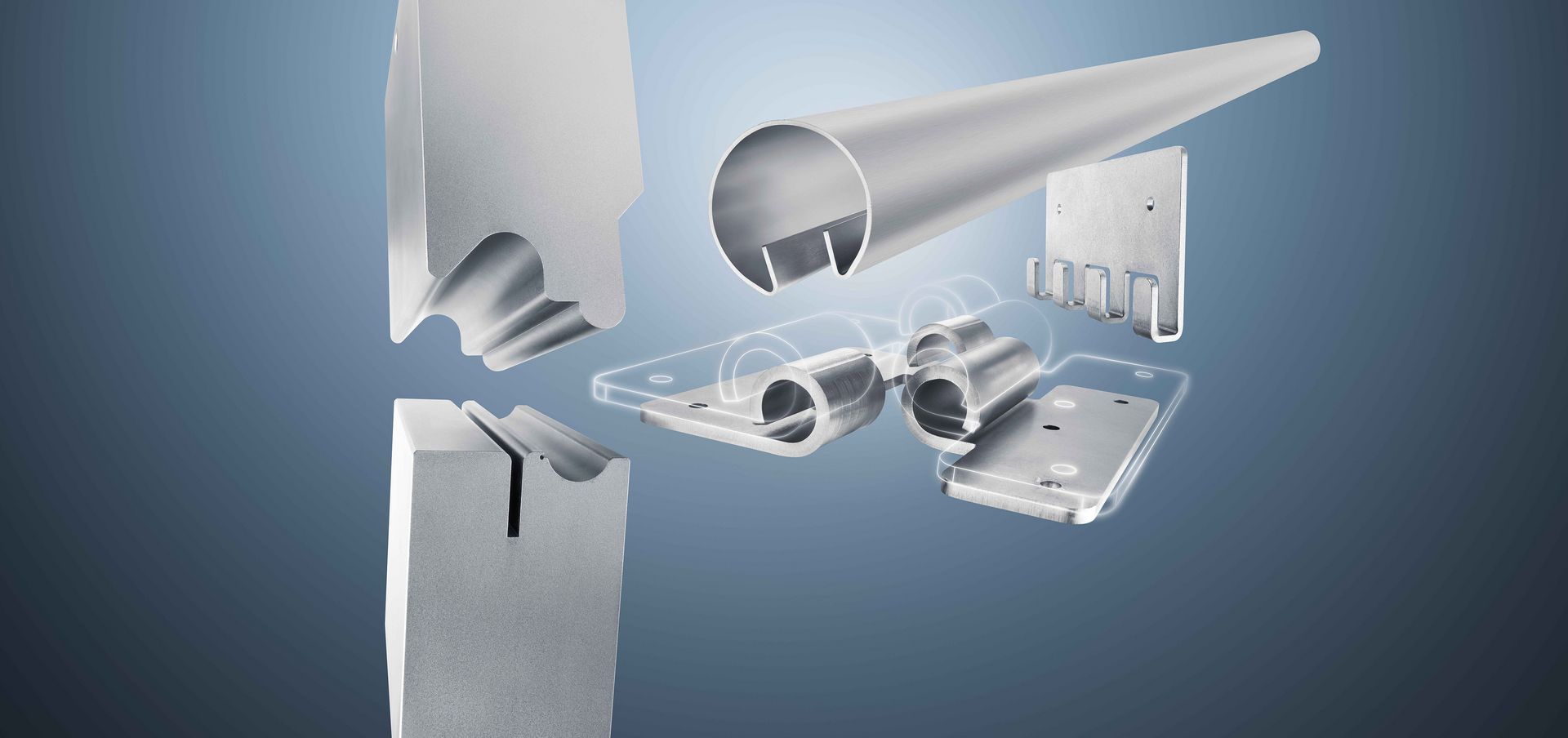3D-visning av metallbockningsmatriser och verktyg för plåtbearbetning mot en blågrön bakgrund
