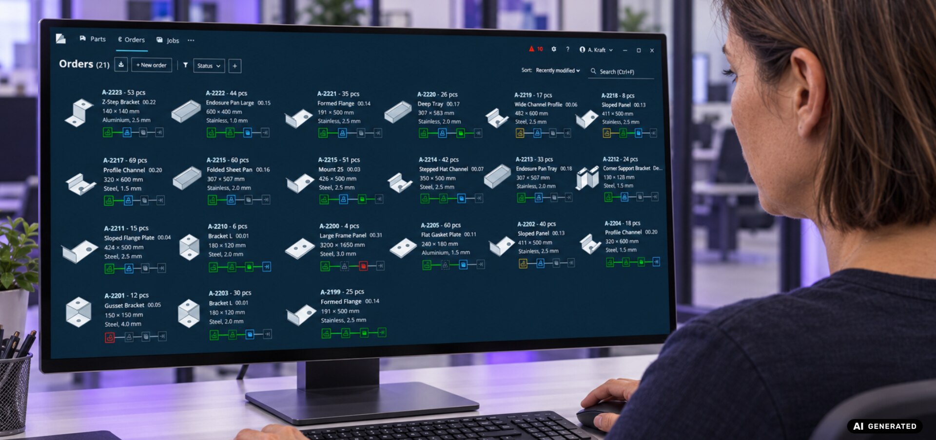 Eine Frau sitzt vor einem Monitor auf dem die Software TruSmart Cam Suite läuft