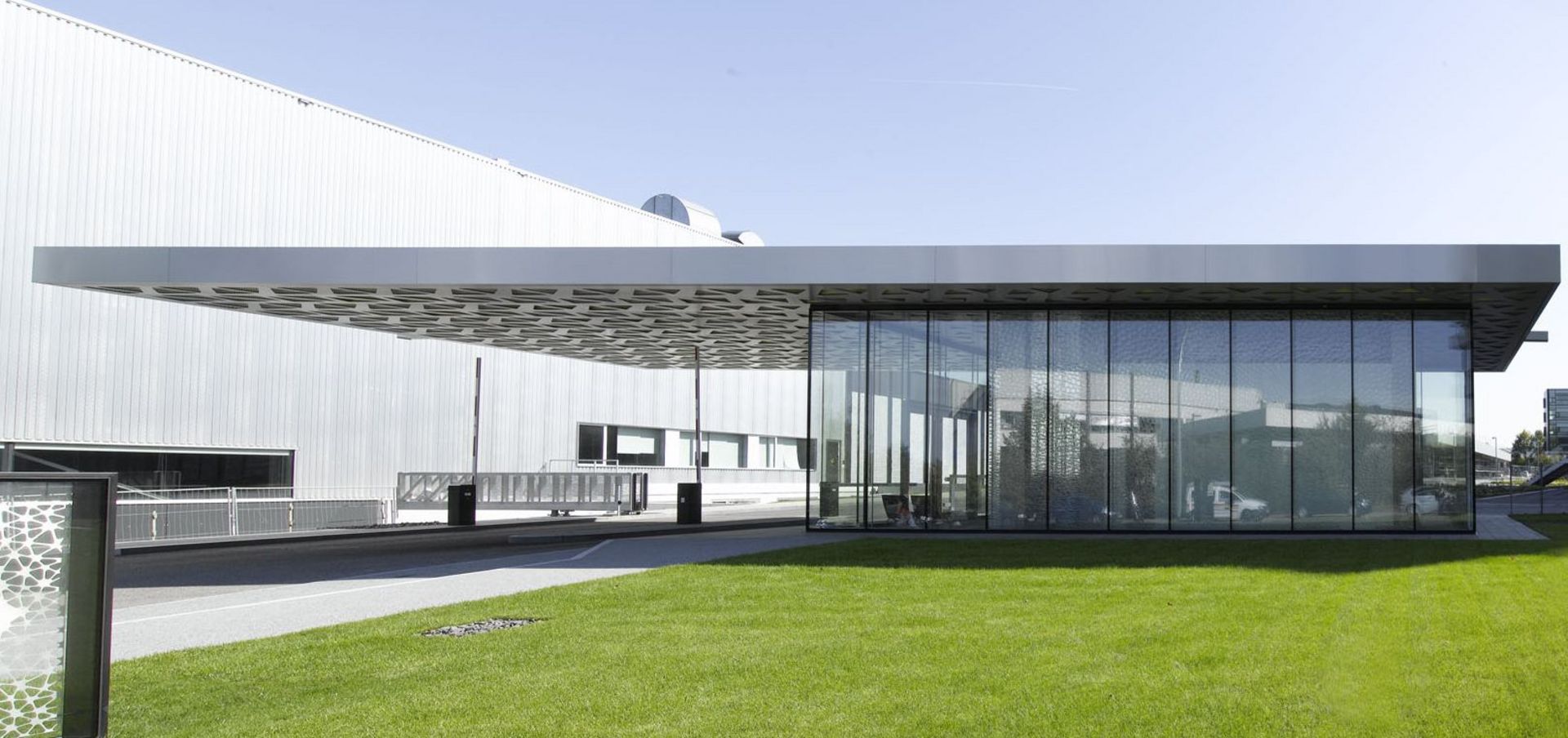 Entrance of the headquarters building of TRUMPF in Ditzingen, Germany