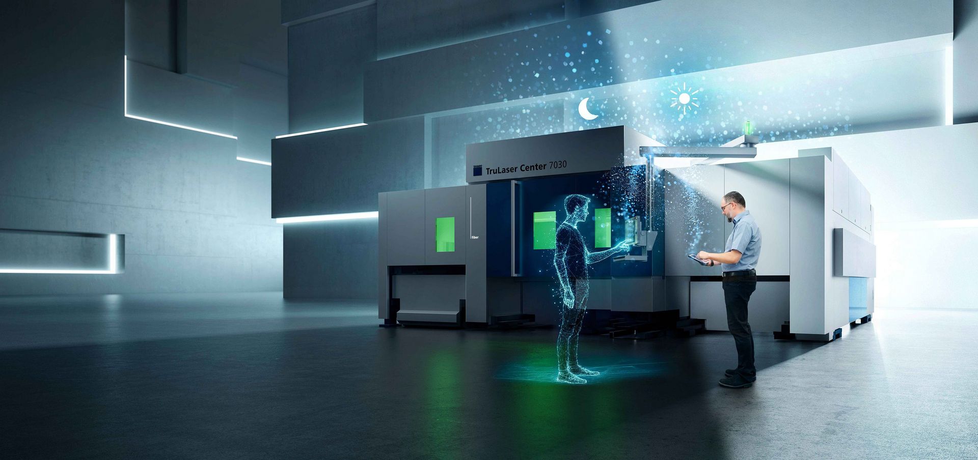 Bediener und Avatar stehen vor einer TruLaser Center 7040