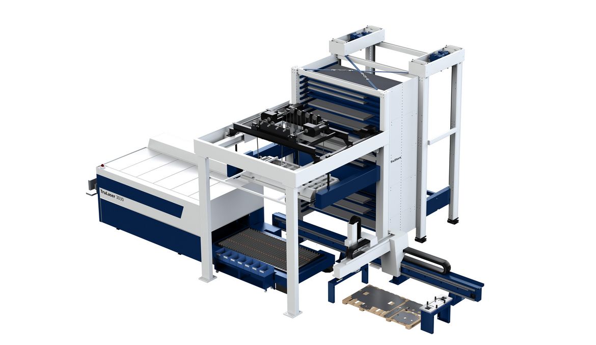 TruLaser 3030 fiber with SortMaster, TruStore 3030 and LiftMaster Store