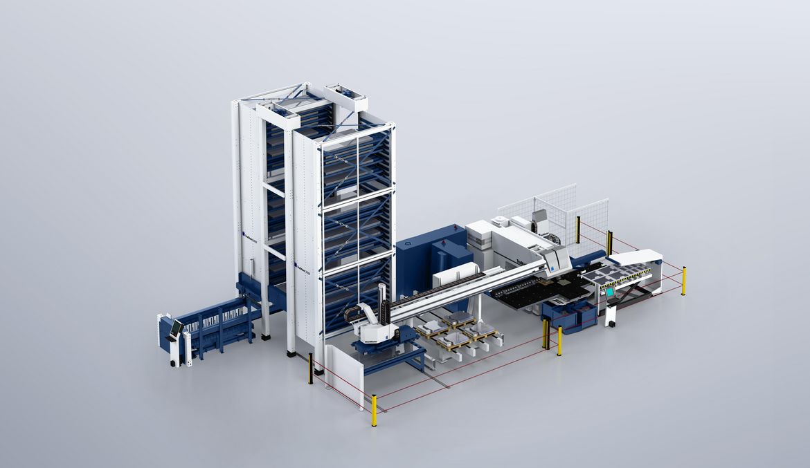 TruMatic 7000 pri TruStore 3030 so SheetMaster, dvojitý nakladací vozík na koľajniciach, SortMaster Pallet, SortMaster Box, GripMaster a ToolMaster