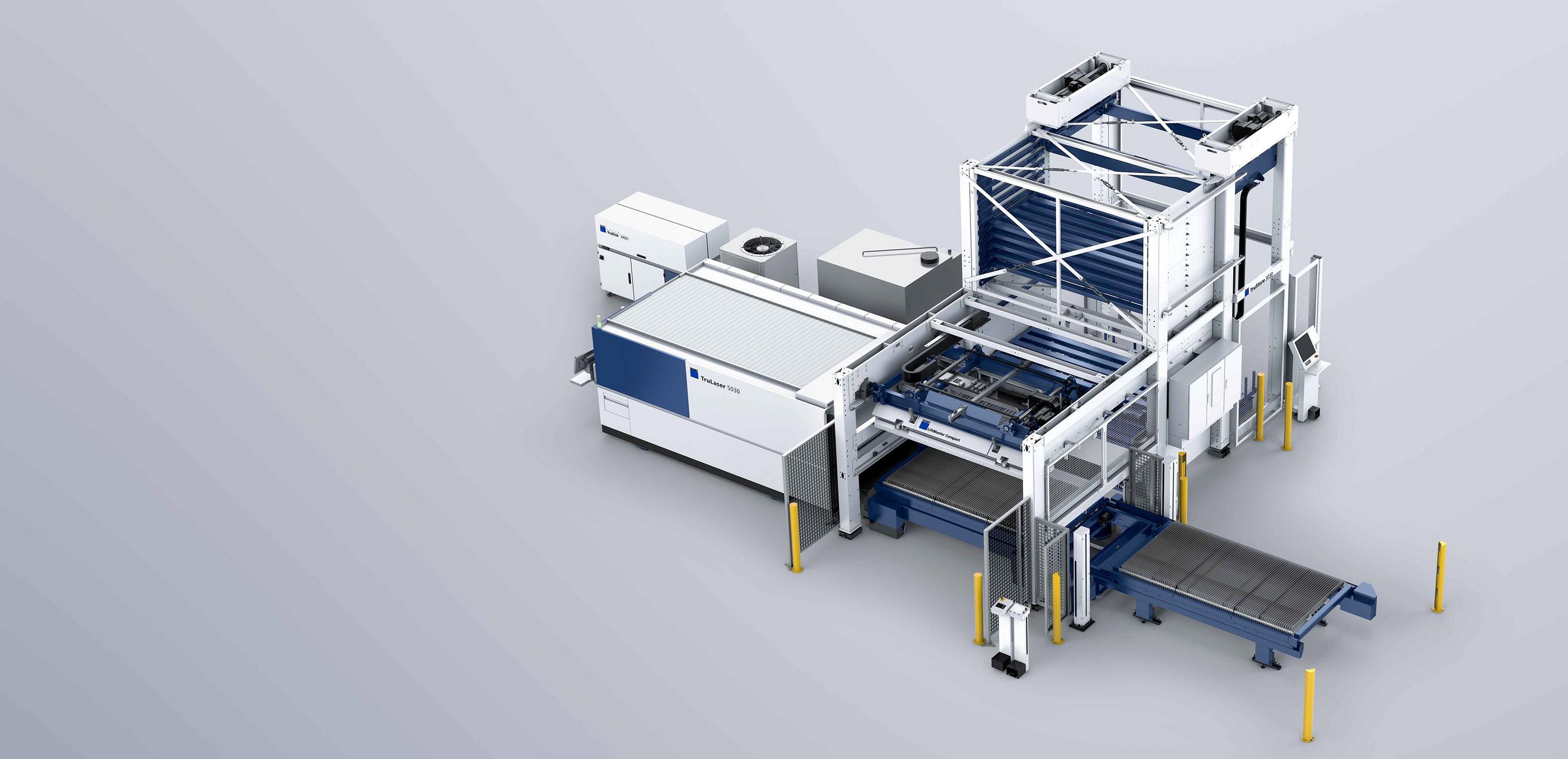 Imagem 3D de uma máquina laser 2D com terceira estação de paletes