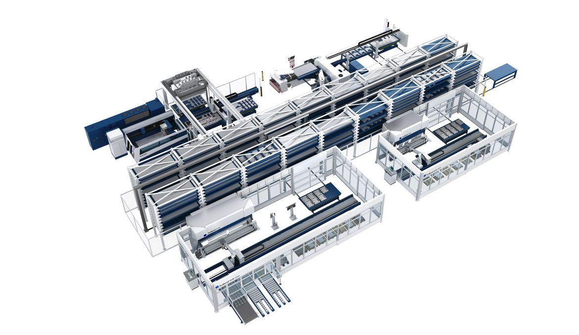 STOPA Großlagersystem, Prozessverkettung, TruBend Cell 5000, TruPunch 5000 und TruLaser 5030 mit Lageranbindung.